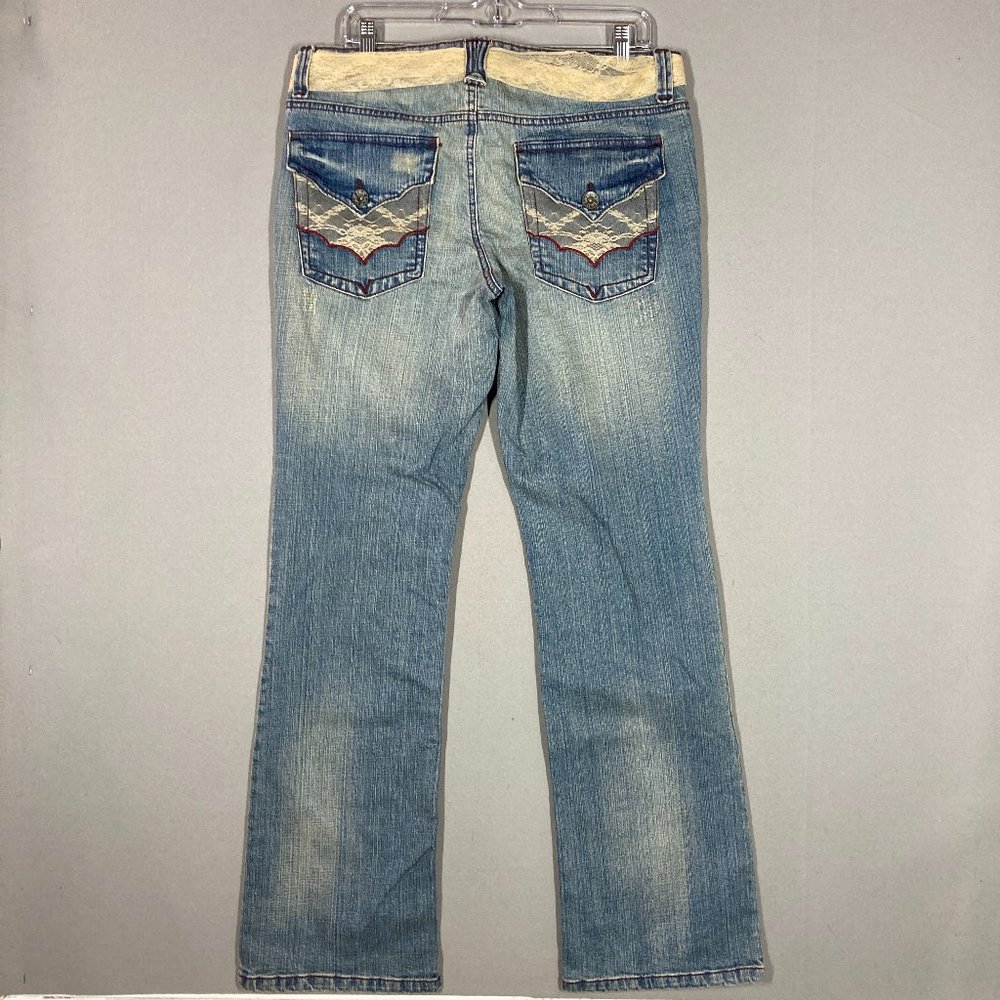 LEI Ashely ultra low rise Jeans 90s Y2K Bootcut Distressed Size 13 35" Waist